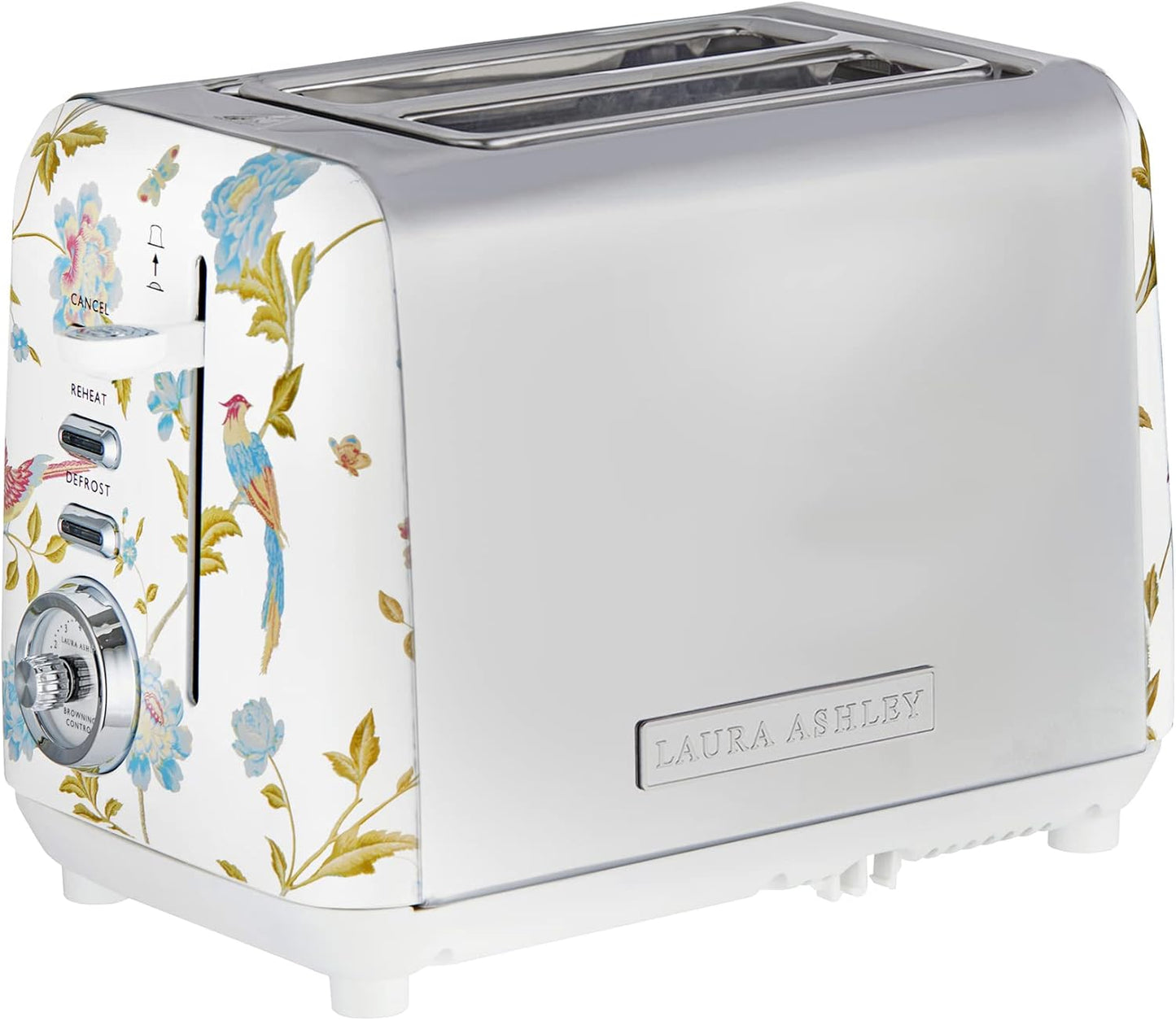 Torradeira 2 Fatias em Aço Inox Laura Ashley Branco com estampa floral Elveden, Slots Largos, 7 Níveis, Funções Descongelar, Reaquecer, Rack para Croissants, 850W, 110V