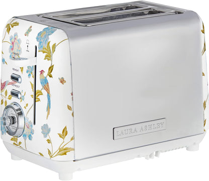 Torradeira 2 Fatias em Aço Inox Laura Ashley Branco com estampa floral Elveden, Slots Largos, 7 Níveis, Funções Descongelar, Reaquecer, Rack para Croissants, 850W, 110V