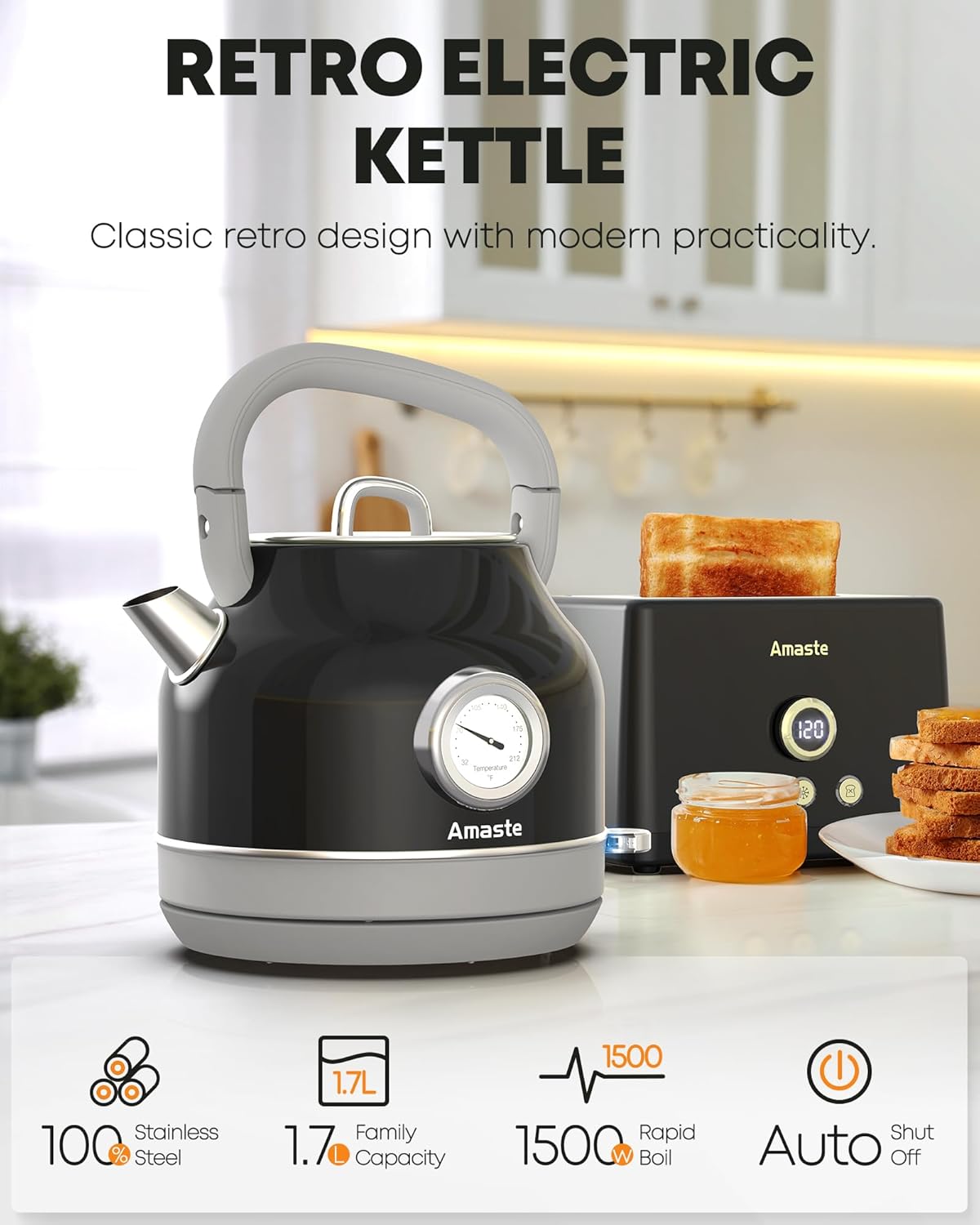 Chaleira Elétrica Amaste 1,7L Inox Preta, Termômetro Retrô, 1500W, Proteção Antisseco, Tampa Removível, BT-K15FT 110V