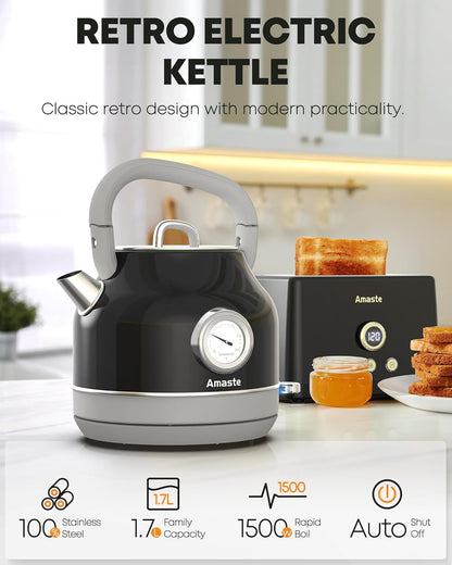 Chaleira Elétrica Amaste 1,7L Inox Preta, Termômetro Retrô, 1500W, Proteção Antisseco, Tampa Removível, BT-K15FT 110V