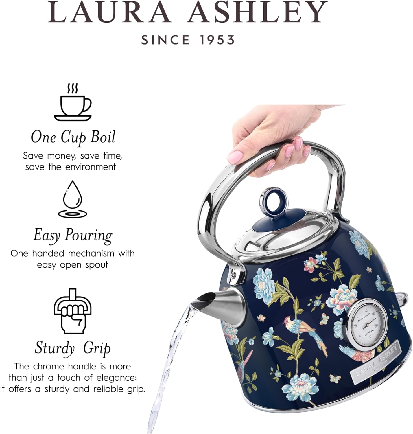 Chaleira Elétrica Laura Ashley 1,7L Inox Azul Marinho com Estampa Floral Elveden, Termômetro Externo, Filtro Removível, Dome VQ-SBPKK336-LAEN-US 1500W 110V