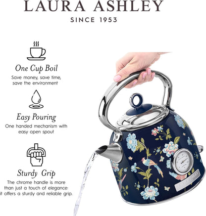 Chaleira Elétrica Laura Ashley 1,7L Inox Azul Marinho com Estampa Floral Elveden, Termômetro Externo, Filtro Removível, Dome VQ-SBPKK336-LAEN-US 1500W 110V