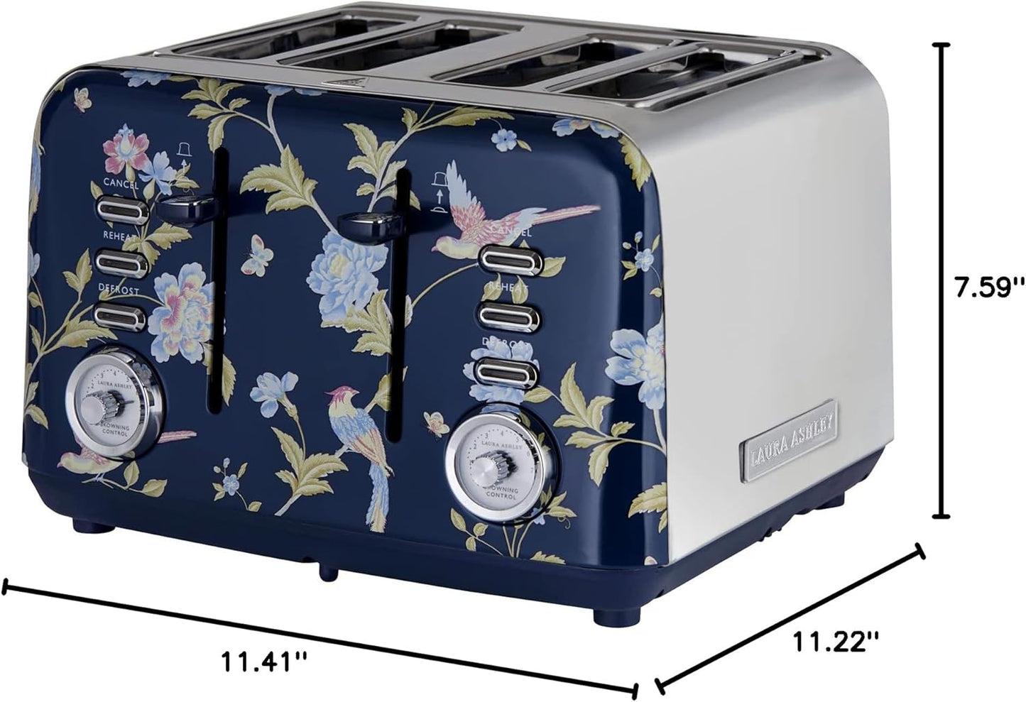 Torradeira 4 Fatias em Aço Inox Laura Ashley Azul Marinho com estampa floral Elveden, Slots Largos, 7 Níveis, Funções Descongelar, Reaquecer, Rack para Croissants, 1500W, 110V