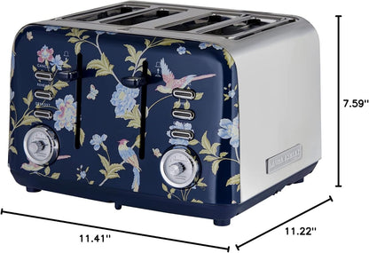 Torradeira 4 Fatias em Aço Inox Laura Ashley Azul Marinho com estampa floral Elveden, Slots Largos, 7 Níveis, Funções Descongelar, Reaquecer, Rack para Croissants, 1500W, 110V