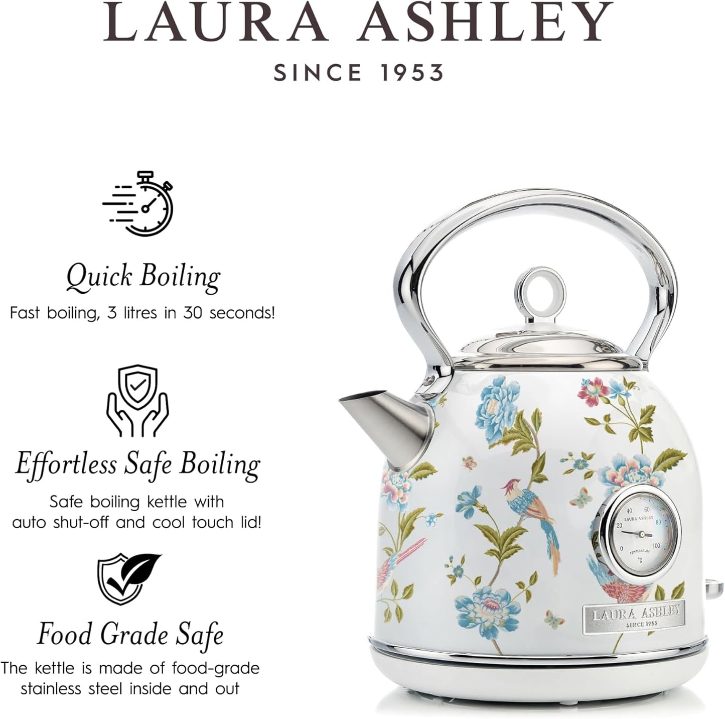 Chaleira Elétrica Laura Ashley 1,7L Inox Branco com Estampa Floral Elveden, Termômetro Externo, Filtro Removível, Dome VQ-SBPKK336-LAEW-US 1500W 110V