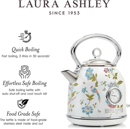 Chaleira Elétrica Laura Ashley 1,7L Inox Branco com Estampa Floral Elveden, Termômetro Externo, Filtro Removível, Dome VQ-SBPKK336-LAEW-US 1500W 110V