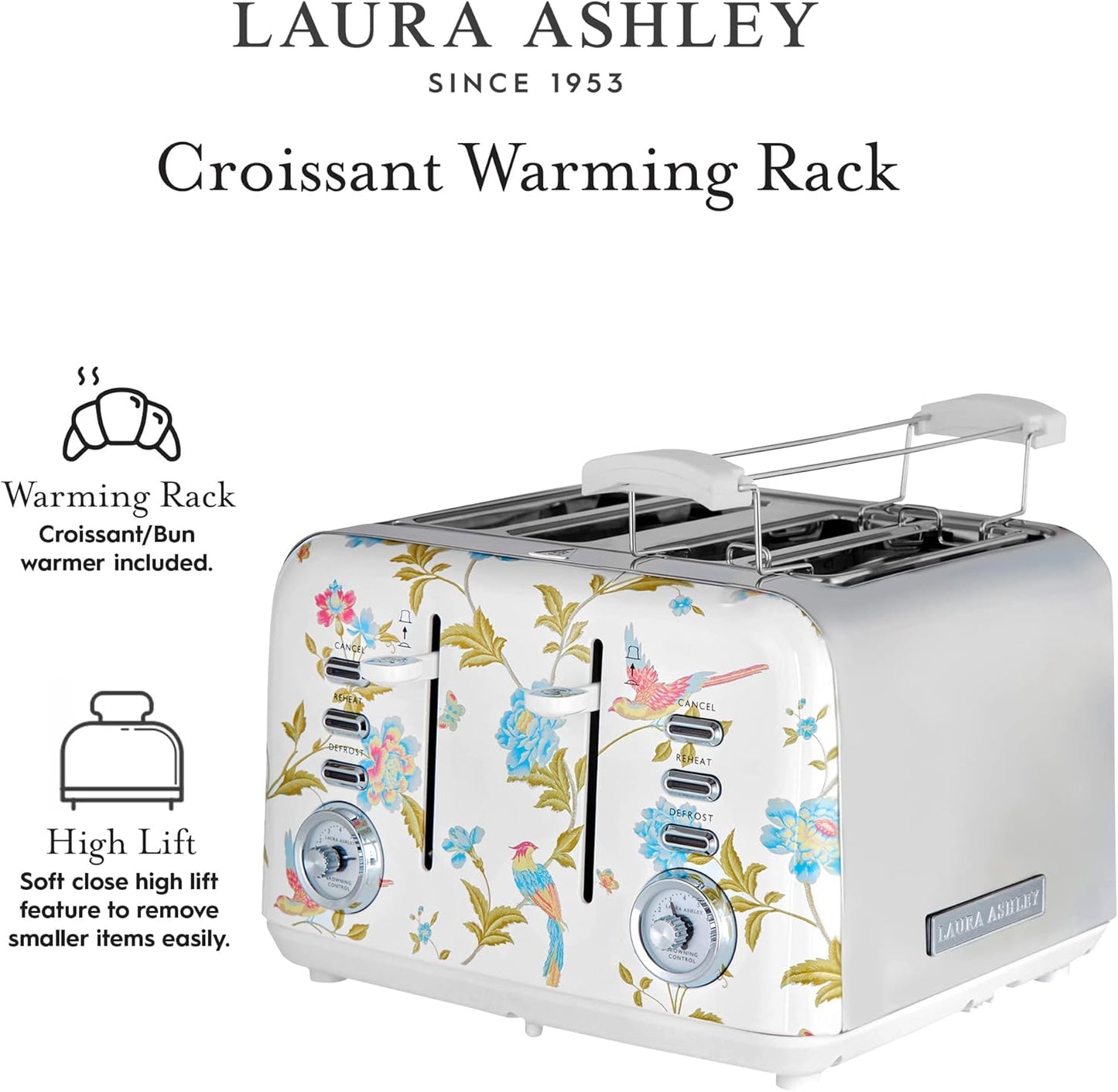 Torradeira 4 Fatias em Aço Inox Laura Ashley Branco com estampa floral Elveden, Slots Largos, 7 Níveis, Funções Descongelar, Reaquecer, Rack para Croissants, 1500W, 110V