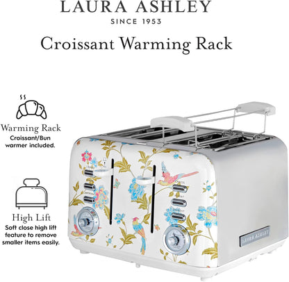 Torradeira 4 Fatias em Aço Inox Laura Ashley Branco com estampa floral Elveden, Slots Largos, 7 Níveis, Funções Descongelar, Reaquecer, Rack para Croissants, 1500W, 110V