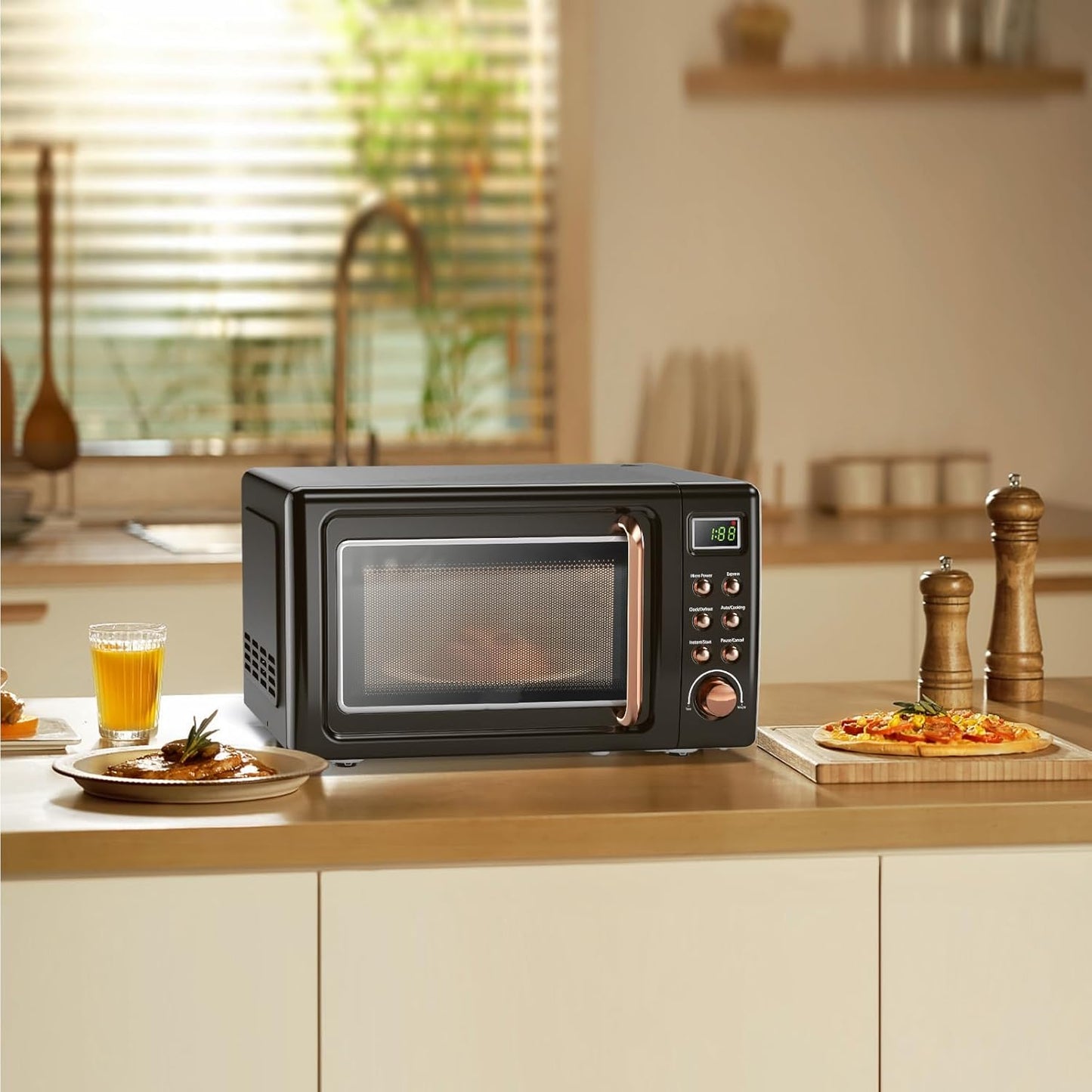 Forno micro-ondas de bancada LDAILY retrô dourado, 700W, 5 níveis de potência, menus automáticos, prato giratório, trava de segurança infantil, 20L, 110V