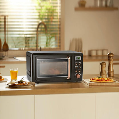 Forno micro-ondas de bancada LDAILY retrô dourado, 700W, 5 níveis de potência, menus automáticos, prato giratório, trava de segurança infantil, 20L, 110V