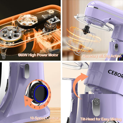Batedeira planetária 3 em 1 CEBORY Roxa, tigela 6,15L inox, 660W, 10 velocidades, cabeça basculante, baixa emissão de ruído, 110V