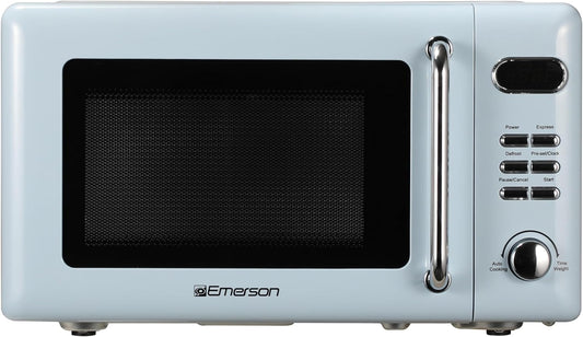 Forno Micro-ondas Retrô de Bancada 20L Emerson Thunderbird Blue 700W 5 Níveis 8 Menus Automáticos Prato de Vidro Trava de Segurança 110V