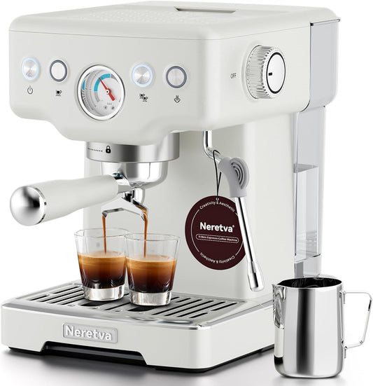 Máquina de Café Espresso Neretva Branca, 15 Bar, Pressão Visível, Vaporizador de Leite, Reservatório 1,8L, 110V