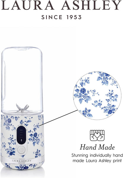 Mini Liquidificador Portátil Laura Ashley 450ml USB Recarregável China Rose, 100W, 6 Lâminas Inox, Garrafa para Smoothies, Viagem, Academia