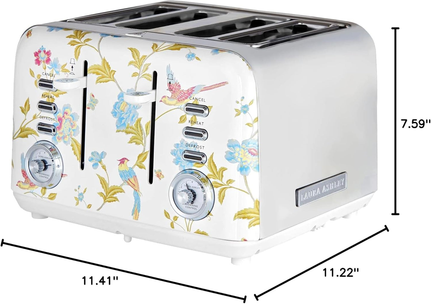Torradeira 4 Fatias em Aço Inox Laura Ashley Branco com estampa floral Elveden, Slots Largos, 7 Níveis, Funções Descongelar, Reaquecer, Rack para Croissants, 1500W, 110V
