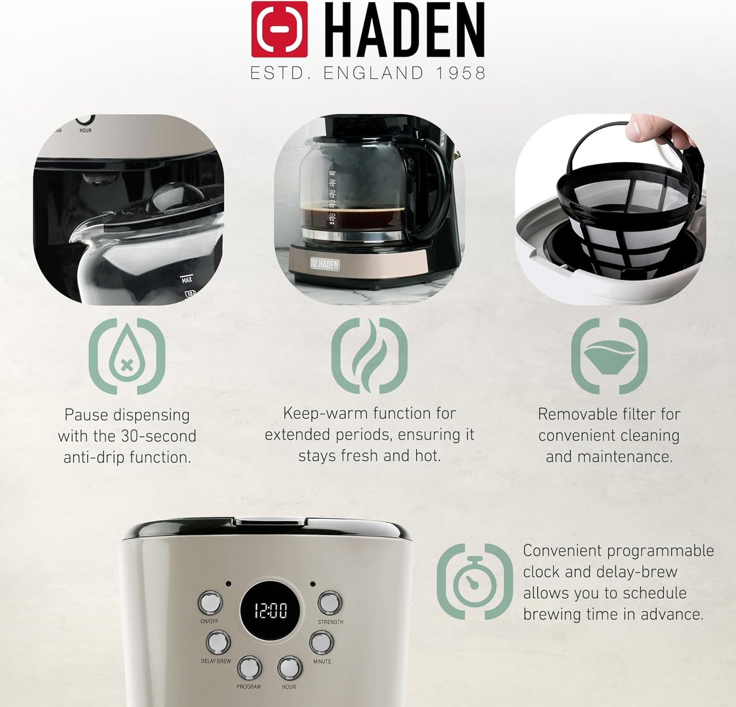 Cafeteira Elétrica HADEN 12 xícaras + Torradeira Dorset 4 fatias Inox Putty & Chrome, Filtro Lavável, Temporizador, 110V