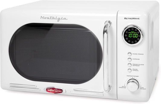 Forno micro-ondas de bancada Nostalgia retrô branco, 700W, display digital LED, 12 programas, trava de segurança infantil, 20L, modelo NRMO7WH6A, 110V