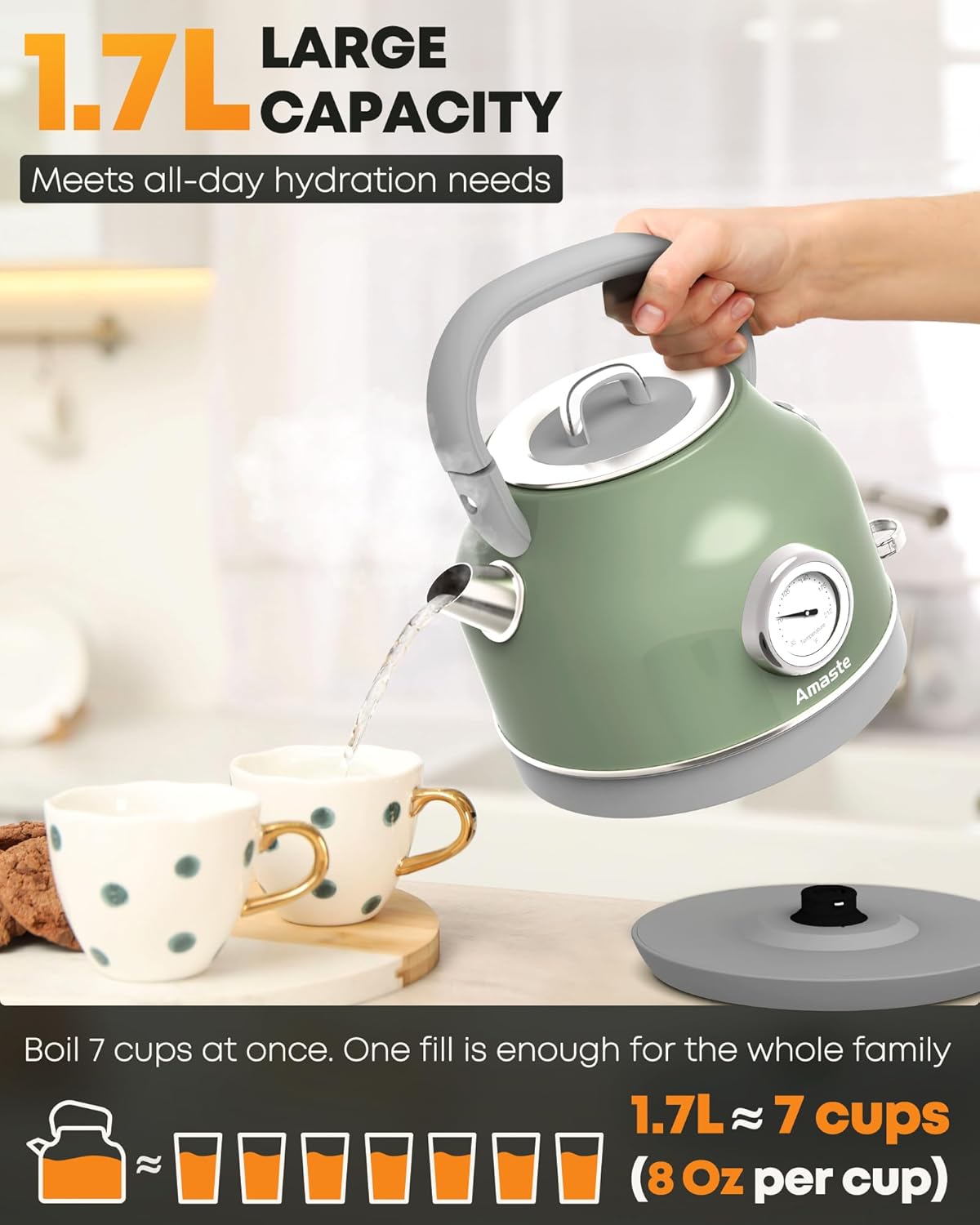 Chaleira Elétrica Amaste 1,7L Inox Verde Matcha, Termômetro Retro, 1500W, Proteção Antisseco, Tampa Removível, BT-K15FT 110V