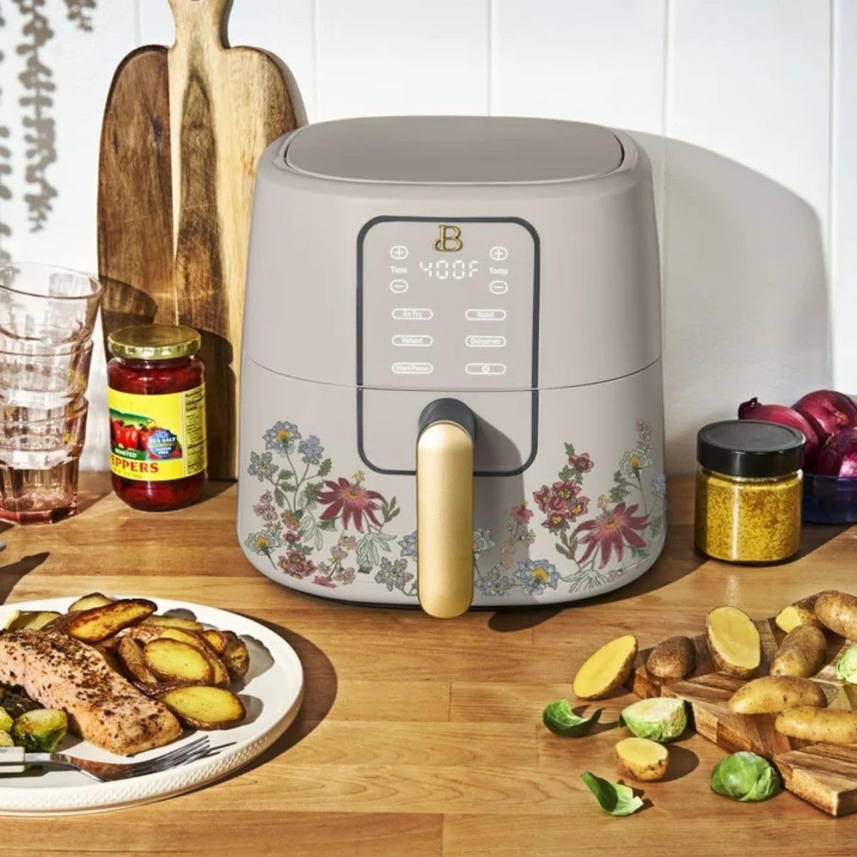 Air Fryer Digital 6L Beautiful Wildflower Porcini Taupe, TurboCrisp, 4 Funções, Display Touch, Cesto Antiad., 1750W, 110V