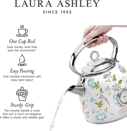Chaleira Elétrica Laura Ashley 1,7L Inox Branco com Estampa Floral Elveden, Termômetro Externo, Filtro Removível, Dome VQ-SBPKK336-LAEW-US 1500W 110V