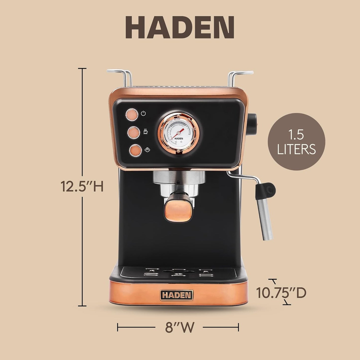 Máquina de Café Espresso HADEN Barista Brew Preto & Cobre, 20 Bar, Vaporizador, Reservatório 1,5L, Aço Inox, 110V