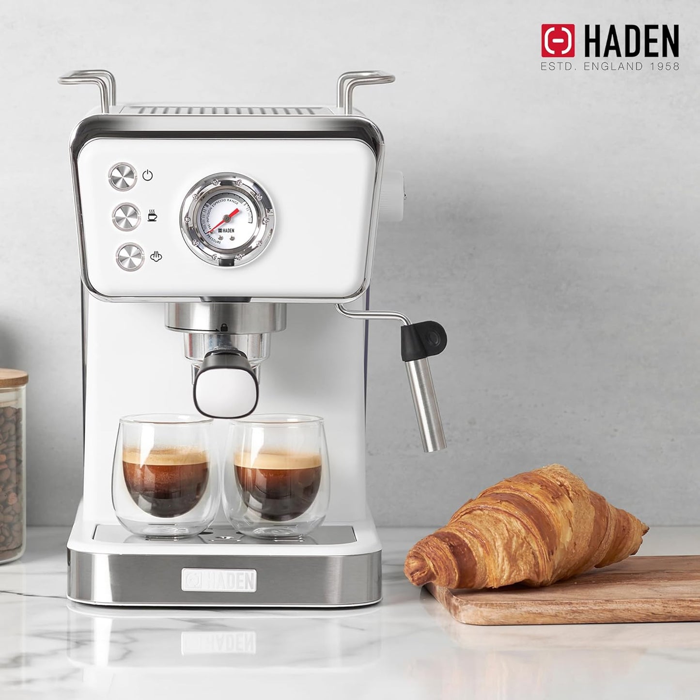 Máquina de Espresso Semi-Automática HADEN Barista Brew, Aço Inoxidável, Ivory & Cobre, 20 Bar, Vaporizador de Leite, Reservatório 1,5L, 110V