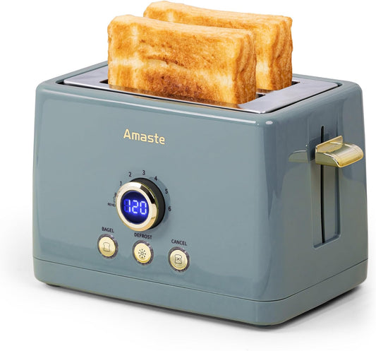 Torradeira Amaste 2 Fatias Retro Azul Acinzentado, Timer Digital LED, 6 Níveis, Bagel, Descongelar, Bandeja Removível, MT-01 850W 110V