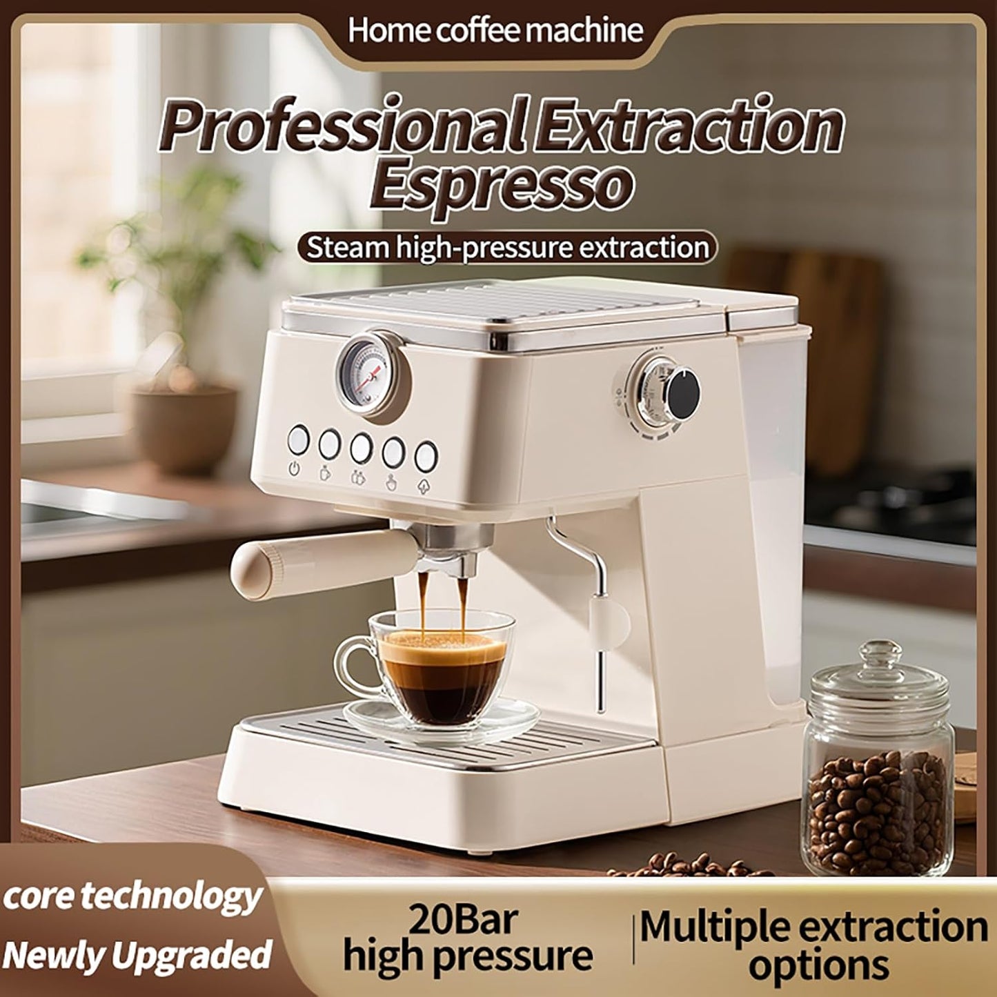 Máquina de Café Espresso BQEUCE Branca/Bege, 20 Bar, PID, Vaporizador, Painel Automático, Reservatório 1,48L, 110V