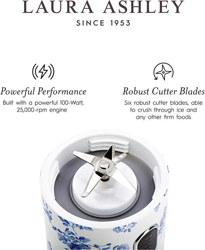 Mini Liquidificador Portátil Laura Ashley 450ml USB Recarregável China Rose, 100W, 6 Lâminas Inox, Garrafa para Smoothies, Viagem, Academia