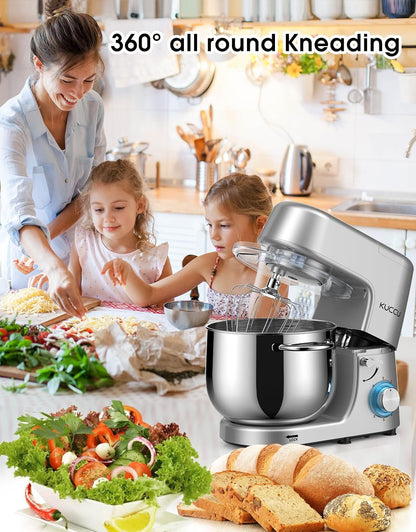 Batedeira Planetária KUCCU Prata 6 Velocidades 9,5L 660W Bowl Inox Duplo Cabo Tilt-Head Pulso Antiderrapante Lavável 110V