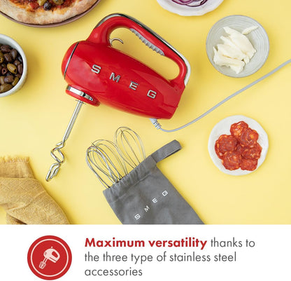 Batedeira Portátil SMEG Vermelho Retrô 9 Velocidades 220W Display LED Turbo Acessórios em Inox Bolsa de Armazenamento 110V