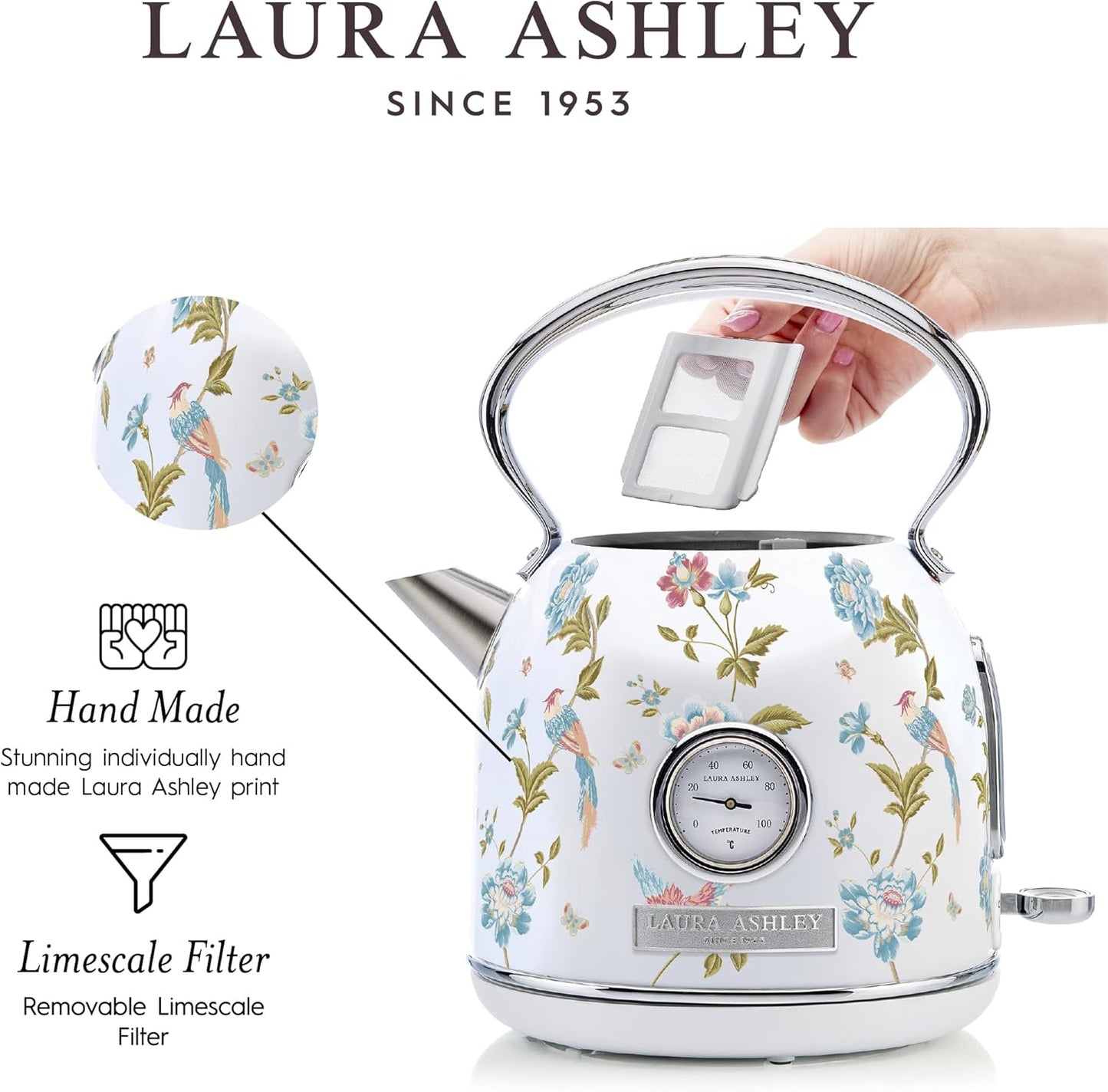 Chaleira Elétrica Laura Ashley 1,7L Inox Branco com Estampa Floral Elveden, Termômetro Externo, Filtro Removível, Dome VQ-SBPKK336-LAEW-US 1500W 110V
