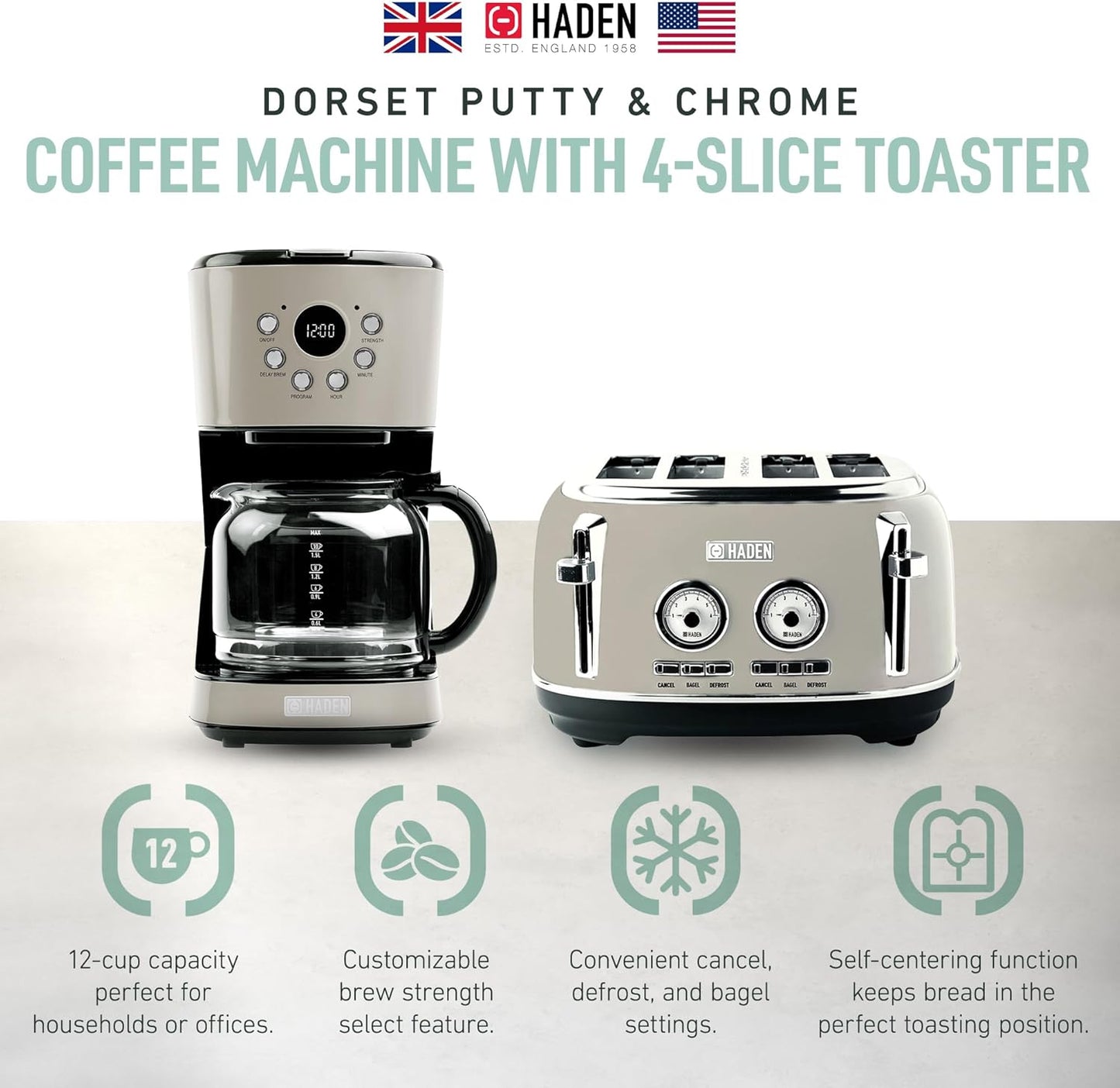 Cafeteira Elétrica HADEN 12 xícaras + Torradeira Dorset 4 fatias Inox Putty & Chrome, Filtro Lavável, Temporizador, 110V