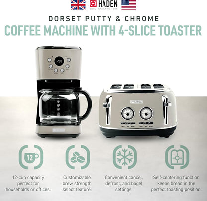 Cafeteira Elétrica HADEN 12 xícaras + Torradeira Dorset 4 fatias Inox Putty & Chrome, Filtro Lavável, Temporizador, 110V