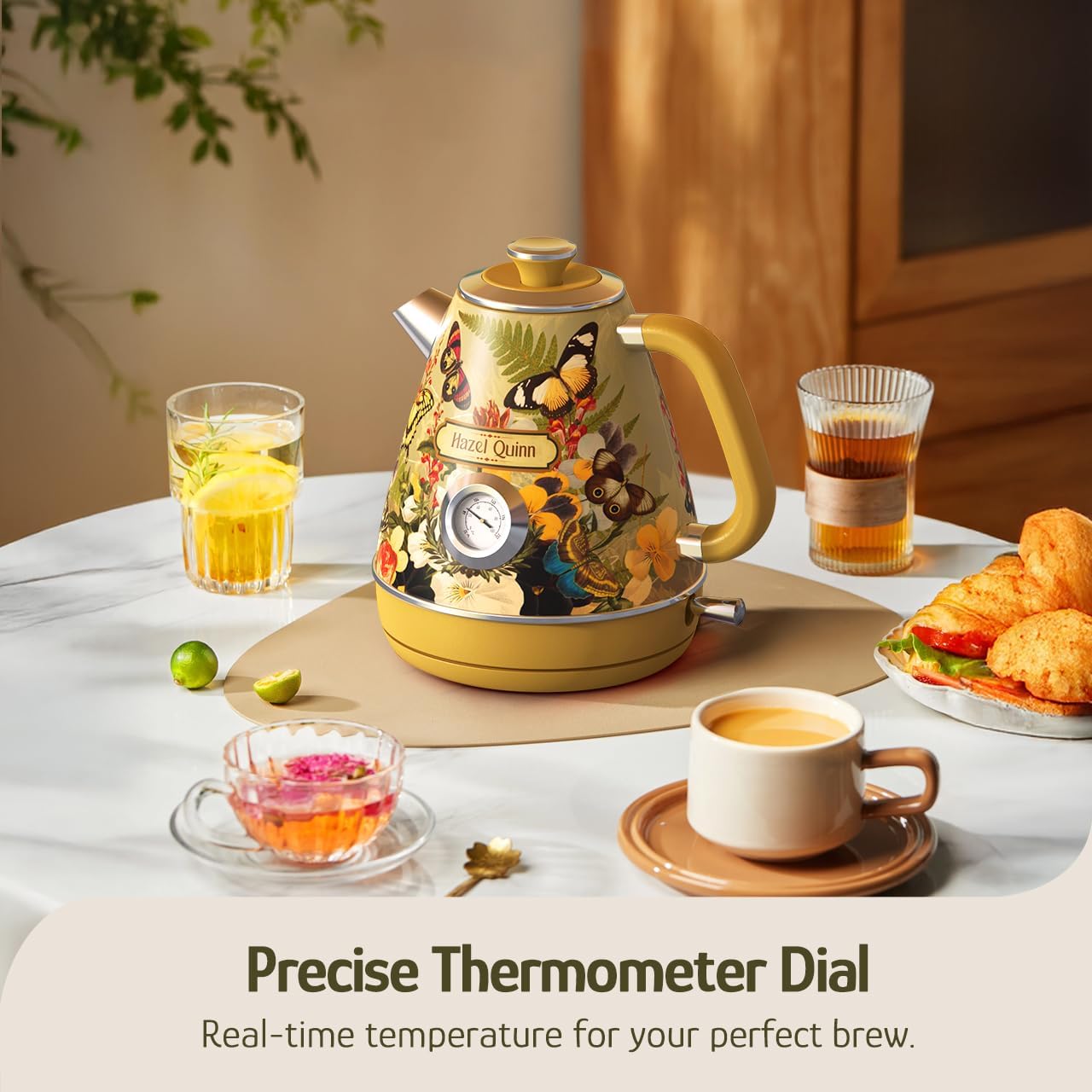 Chaleira Elétrica Hazel Quinn X Eduardo Recife Floral Retro 1,7L 1200W Inox 304 Termômetro Auto Desligamento Fervura Rápida 110V