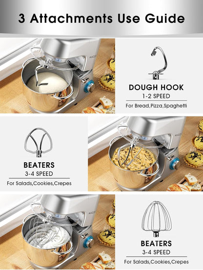 Batedeira Planetária KUCCU Prata 6 Velocidades 9,5L 660W Bowl Inox Duplo Cabo Tilt-Head Pulso Antiderrapante Lavável 110V