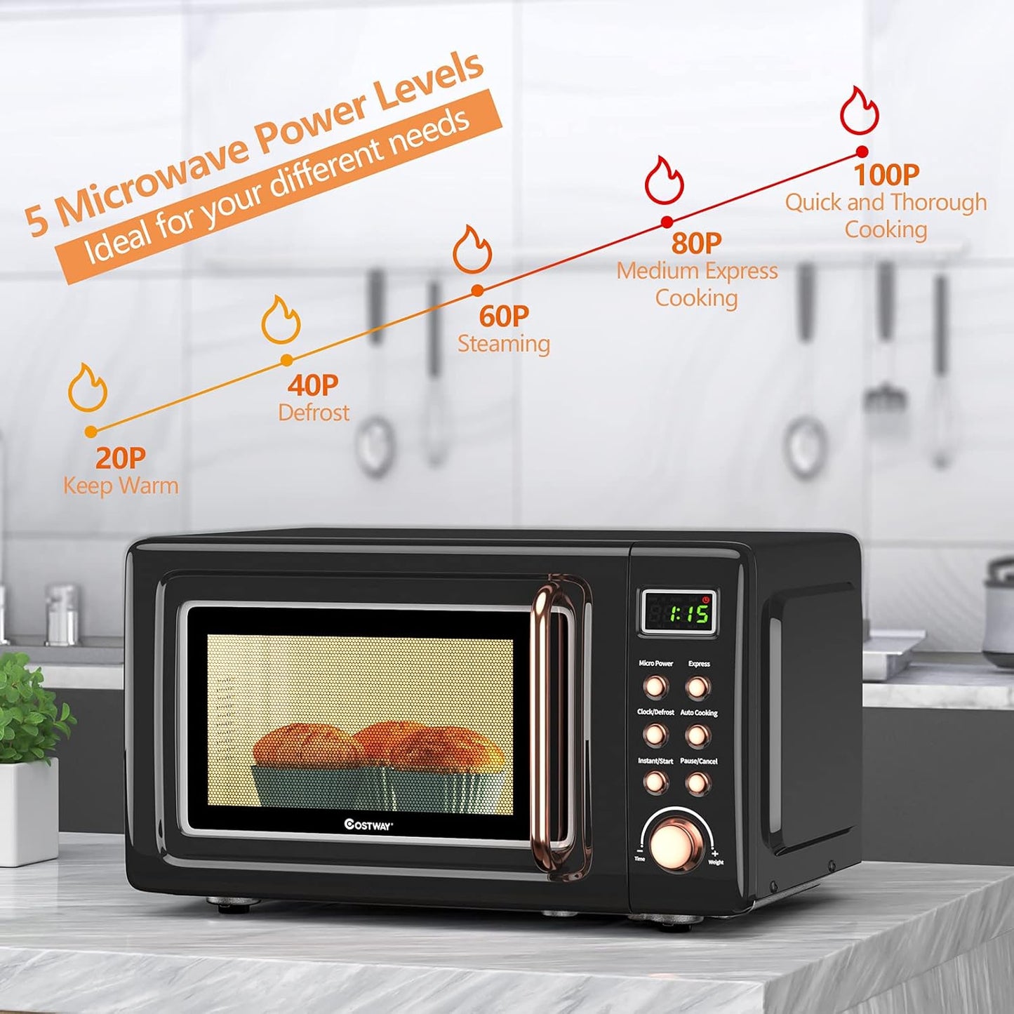 Forno Micro-ondas Retrô de Bancada COSTWAY Dourado 20L 700W 5 Níveis 110V