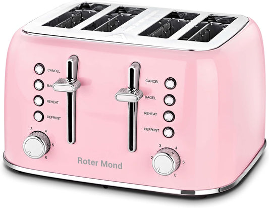 Torradeira Retro Roter Mond 4 Fatias Inox Rosa, Fendas Largas, Painel Duplo, 6 Níveis de Tostagem, 1550 W, 110 V