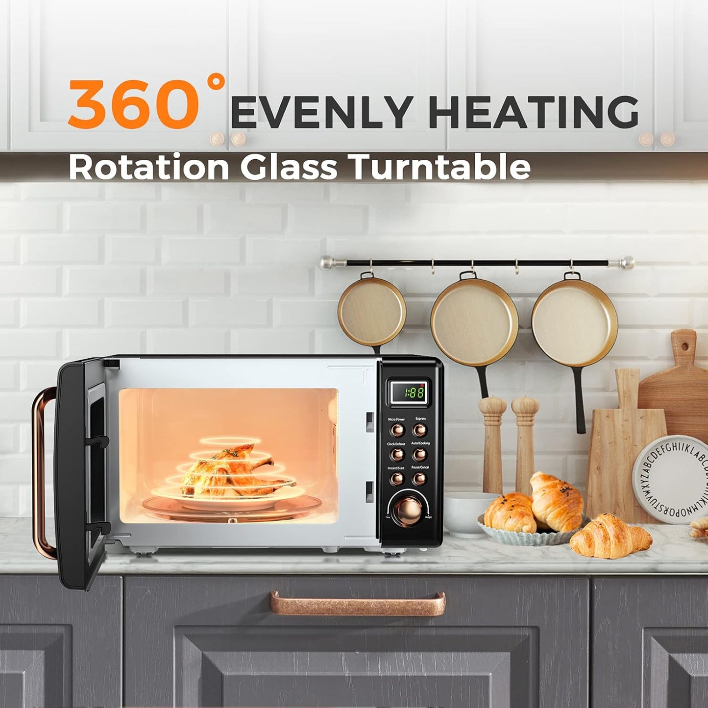 Forno micro-ondas de bancada LDAILY retrô dourado, 700W, 5 níveis de potência, menus automáticos, prato giratório, trava de segurança infantil, 20L, 110V
