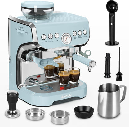 Cafeteira Espresso Amaste 15 Bar com Moinho Integrado, Vaporizador, 2L Azul, Kit Barista, Pre-Infusão, AC-517EA 110V