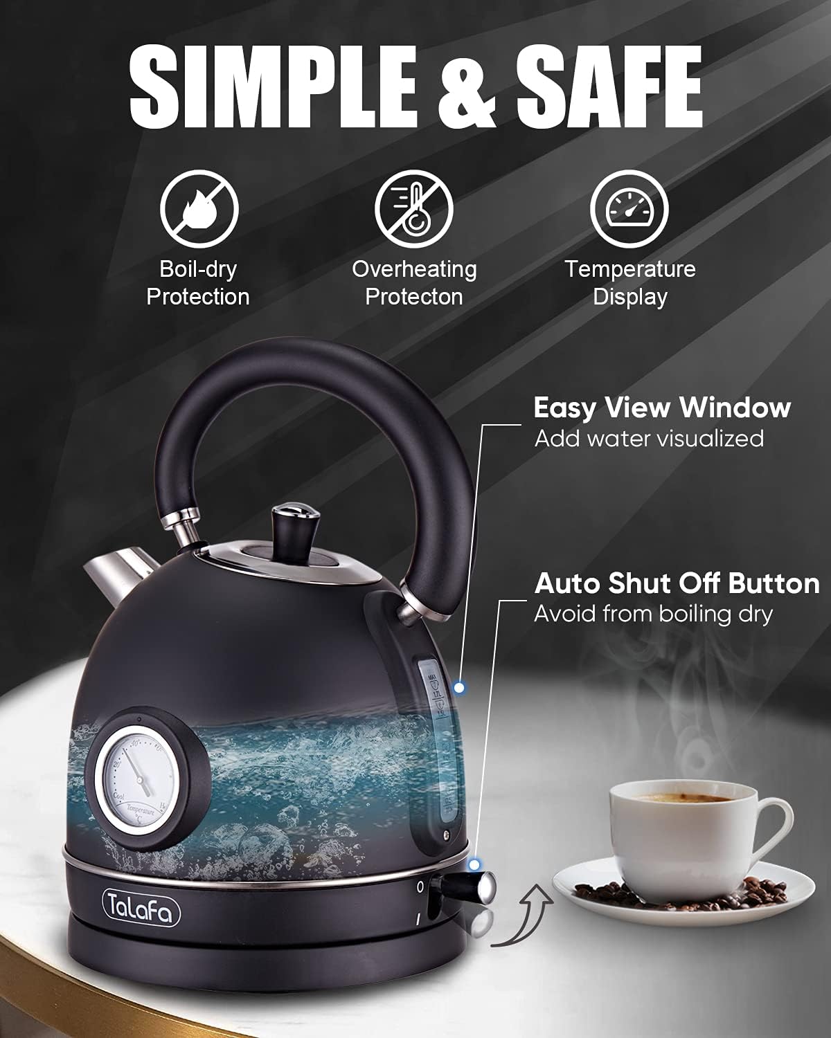 Chaleira Elétrica Retrô Talafa Preta 1,7L 1500W Inox 304 Termômetro Proteção Contra Secagem Auto Desligamento Rápida 110V