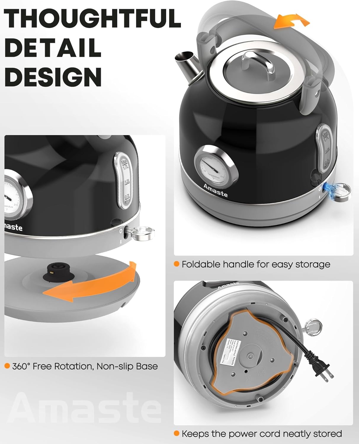 Chaleira Elétrica Amaste 1,7L Inox Preta, Termômetro Retrô, 1500W, Proteção Antisseco, Tampa Removível, BT-K15FT 110V