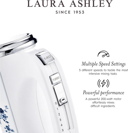 Batedeira de Mão Laura Ashley 200W Branco com Estampa Floral China Rose, 5 Velocidades Turbo Inox VQ-SBSMR57-LACR-US 110V