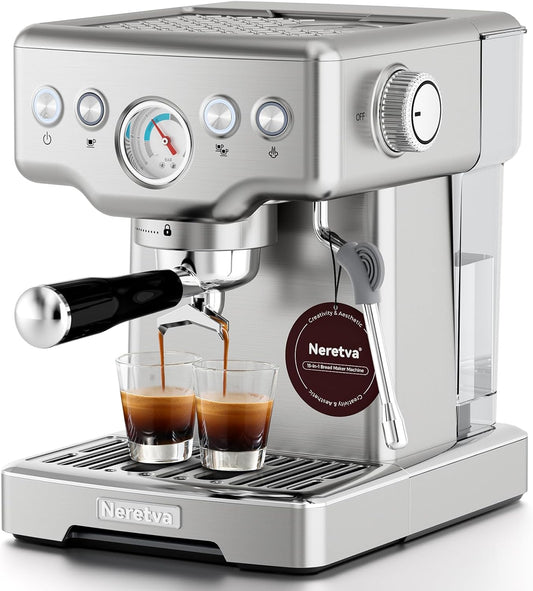 Máquina de Café Espresso Neretva Prata, 15 Bar, Pressão Visível, Vaporizador de Leite, Reservatório 1,8L, 220V