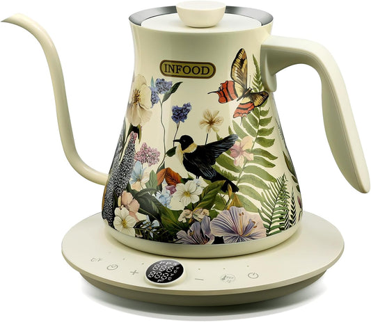 Chaleira Elétrica Pescoço de Ganso 0,8L INFOOD Floral, Controle Preciso de Temperatura, Agendamento, Inox, Desligamento Automático, 1200W, 110V
