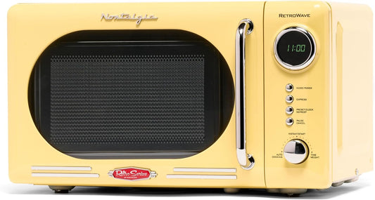 Forno micro-ondas de bancada Nostalgia retrô amarelo, 700W, display digital LED, 12 programas, trava de segurança infantil, 20L, 110V
