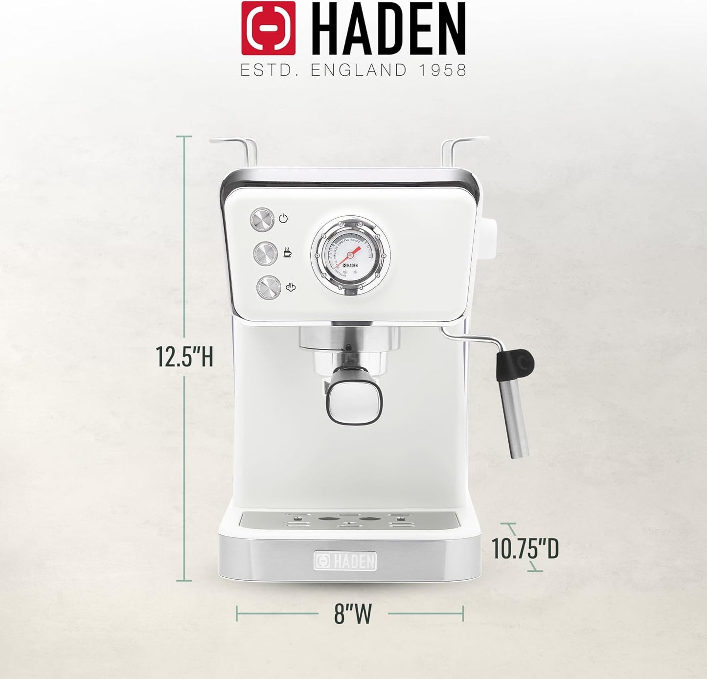 Máquina de Espresso Semi-Automática HADEN Barista Brew, Aço Inoxidável, Ivory & Cobre, 20 Bar, Vaporizador de Leite, Reservatório 1,5L, 110V