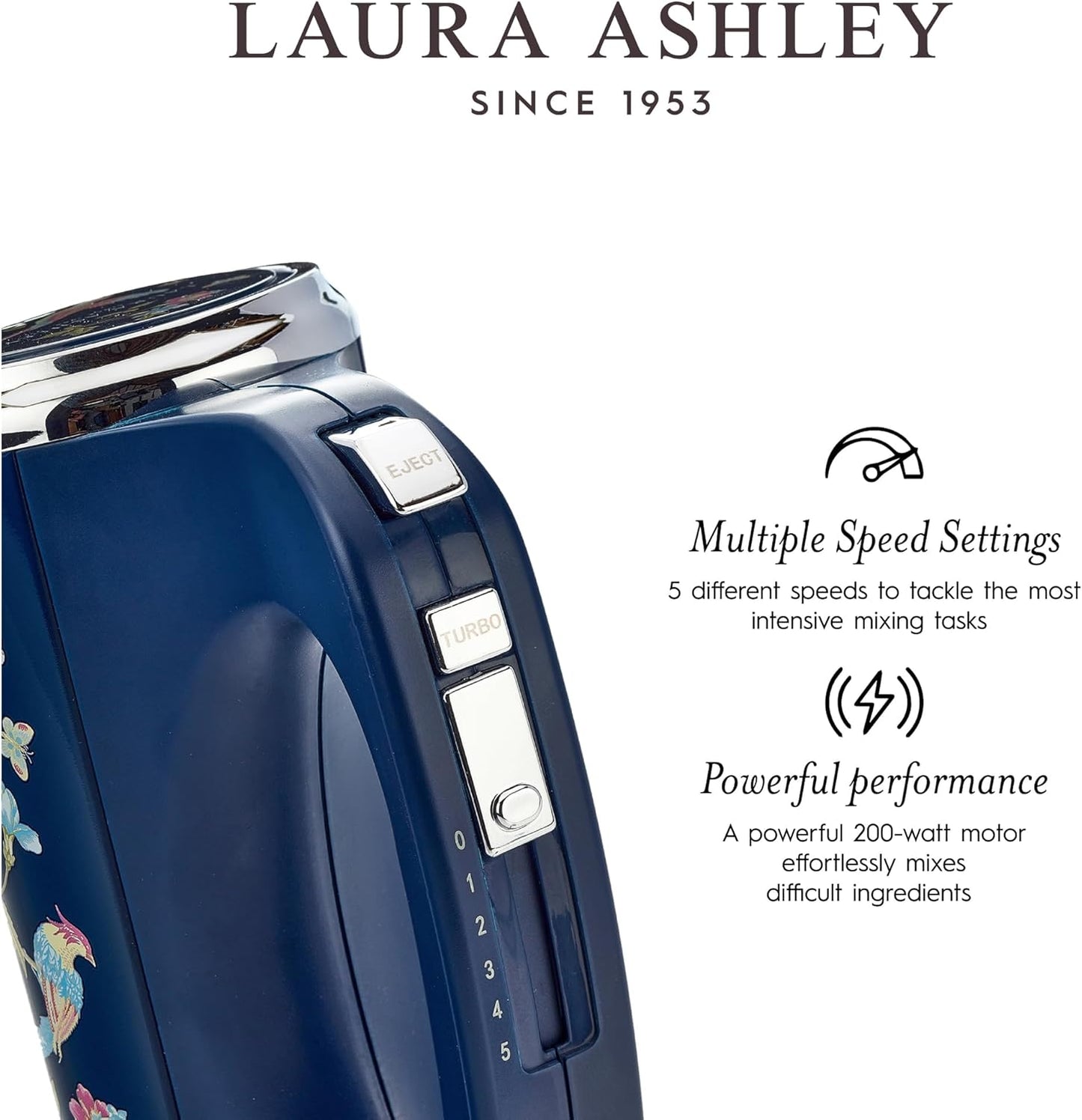 Batedeira de Mão Laura Ashley 200W Azul Marinho com Estampa Floral Elveden, 5 Velocidades Turbo Inox VQ-SBSMR57-LAEN-US 110V