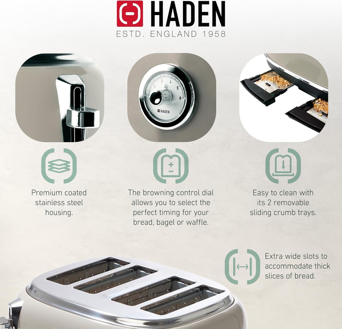 Cafeteira Elétrica HADEN 12 xícaras + Torradeira Dorset 4 fatias Inox Putty & Chrome, Filtro Lavável, Temporizador, 110V