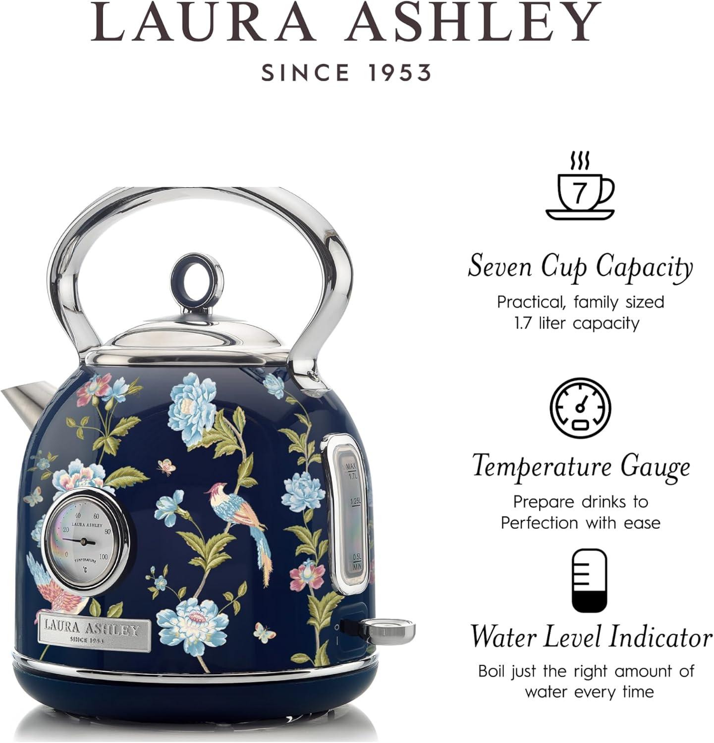 Chaleira Elétrica Laura Ashley 1,7L Inox Azul Marinho com Estampa Floral Elveden, Termômetro Externo, Filtro Removível, Dome VQ-SBPKK336-LAEN-US 1500W 110V